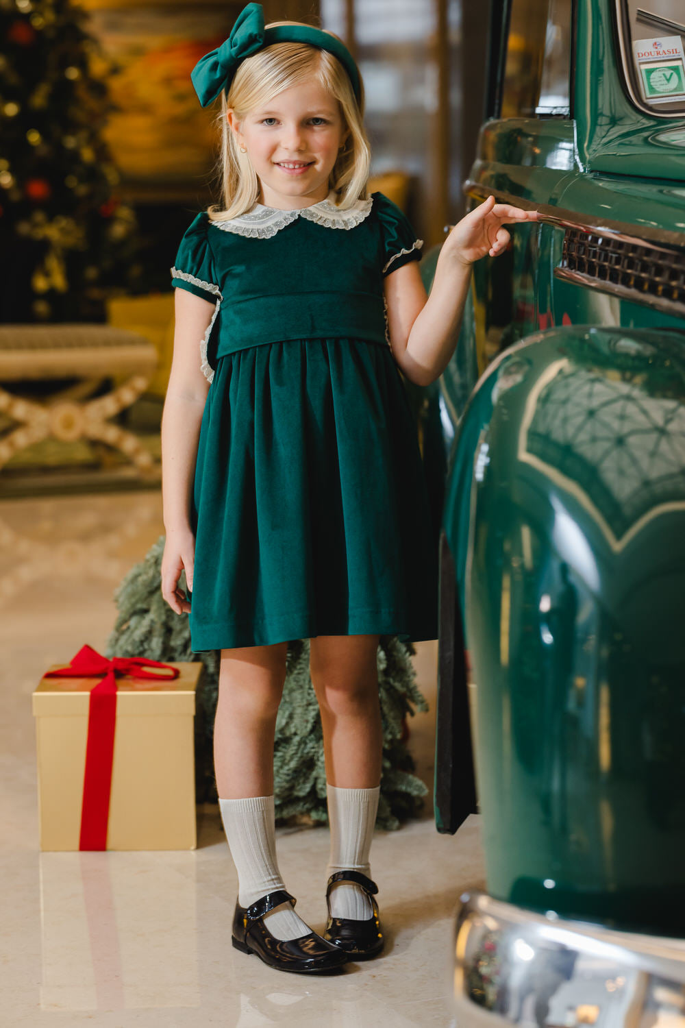 Sal & Pimenta Girls Green Velvet Christmas Dress with Collar & Sash by Sal & Pimenta