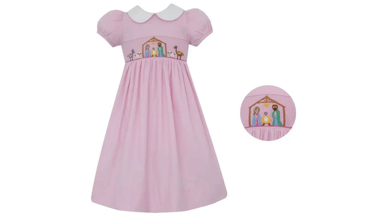 Anavini Girls Pink Corduroy Smocked Nativity Short Sleeve Dress