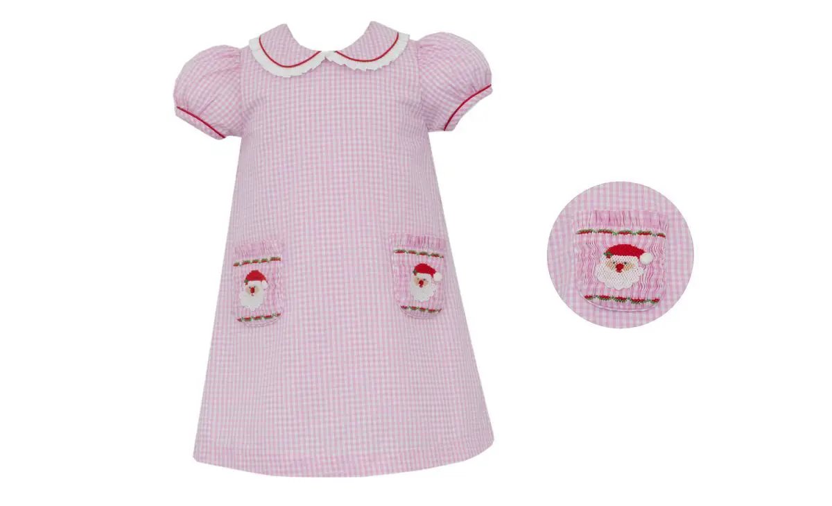 anavini Girls Pink Gingham Santa Face Dress with Smocked Pockets by Anavini