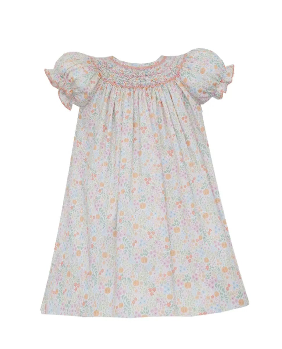 Petit Bebe Girls Orange & Pink Pumpkins Print Smocked Bishop Dress by Petit Bebe