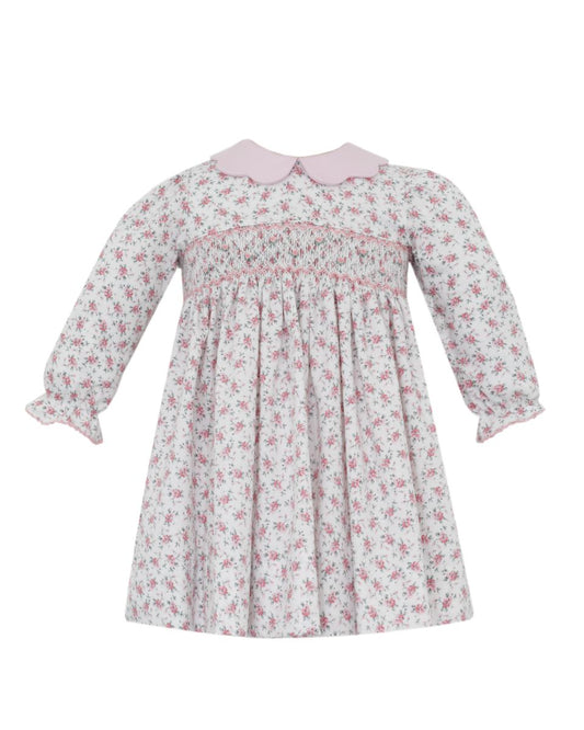 Petit Bebe Girls Pink English Garden Floral Smocked Dress - Long Sleeves & Collar by Petit Bebe