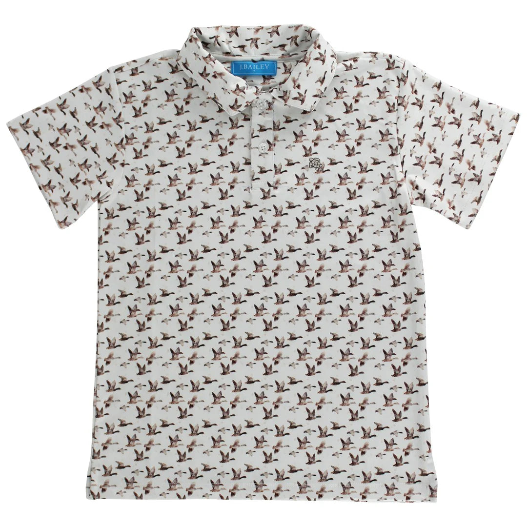 J. Bailey Boys Performance Polo Shirt - Mallard Ducks on Tan