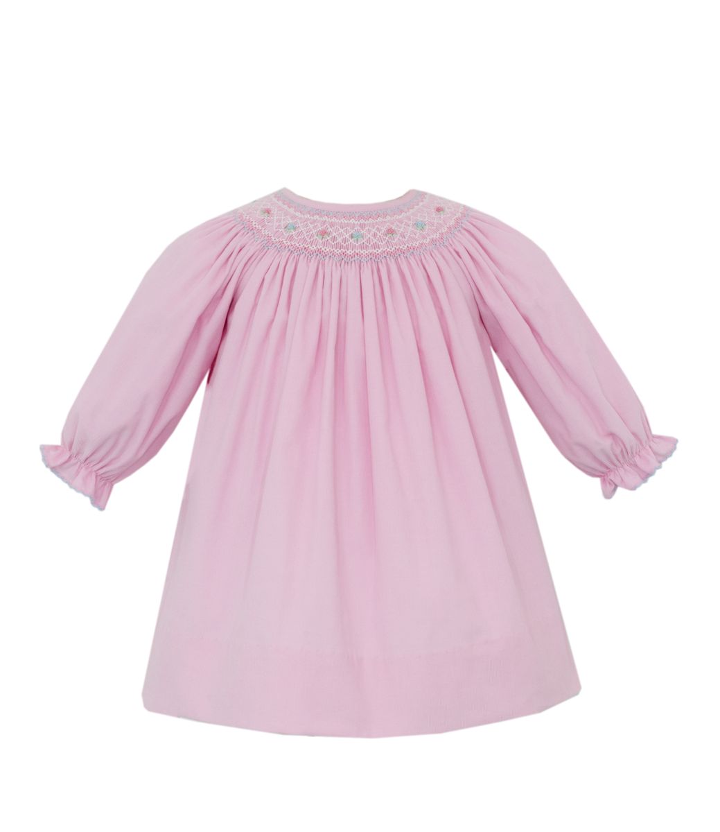 Petit Bebe Pink Corduroy Smocked Bishop Dress - Long Sleeves by Petit Bebe