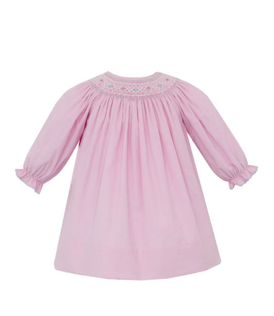 Petit Bebe Pink Corduroy Smocked Bishop Dress - Long Sleeves by Petit Bebe