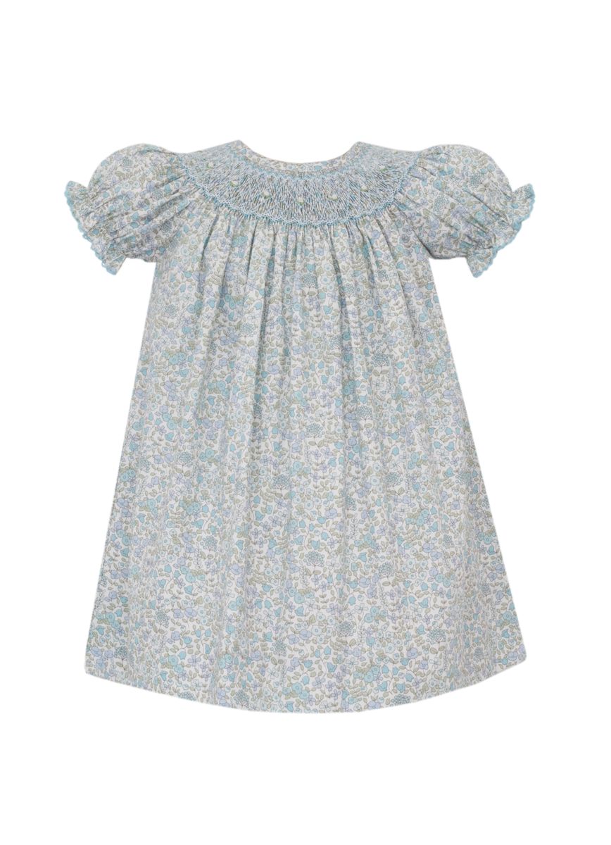 Petit Bebe Girls Blue LIbery Floral Smocked Bishop Dress