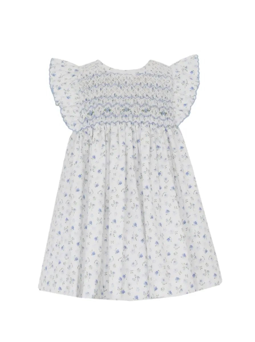 Petit Bebe Girls French Blue Floral Smocked Bodice Dress by Petit Bebe