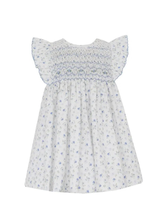 Petit Bebe Girls French Blue Floral Smocked Bodice Dress by Petit Bebe