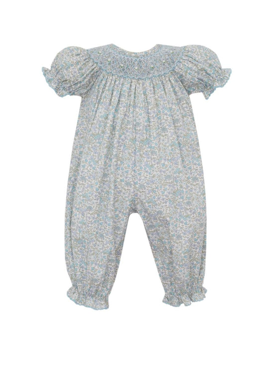 Petit Bebe Baby Girls Blue LIberty Floral Smocked Bishop Romper by Petit Bebe