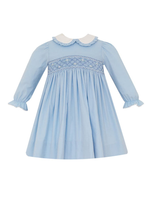Petit Bebe Girls Light Blue Corduroy Smocked Dress with Collar - Long Sleeves