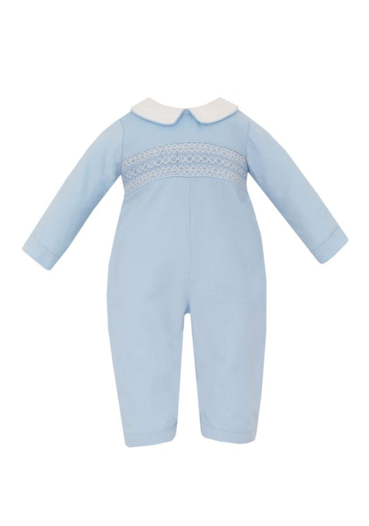 Petit Bebe Baby Boys Light Blue Corduroy Smocked Romper with Collar