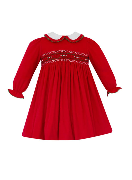 Petit Bebe Girls Red Corduroy Smocked Dress - Fancy Collar - Long Sleeves by Petit Bebe
