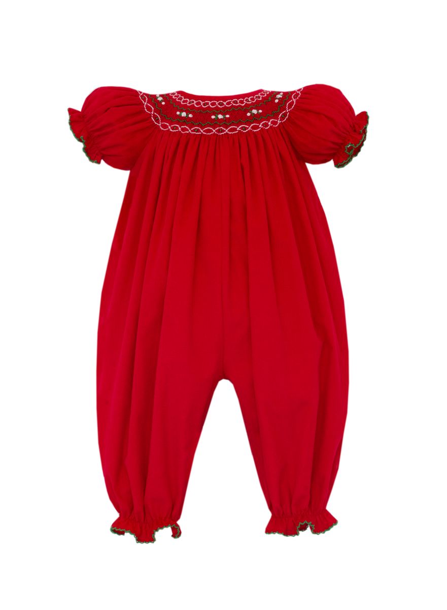 Petit Bebe Baby Girls Red Corduroy Smocked Christmas Romper by Petit Bebe
