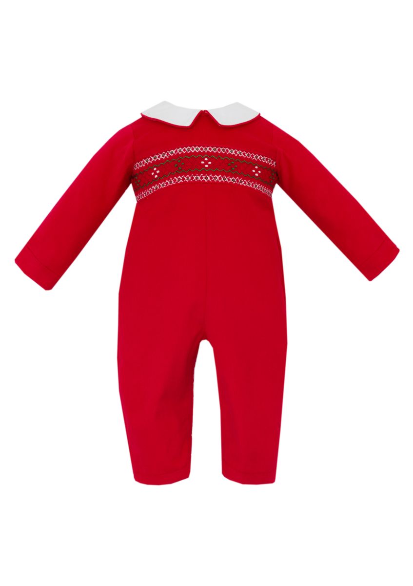 Petit Bebe Baby Boys Red Corduroy Smocked Christmas Romper - White Collar