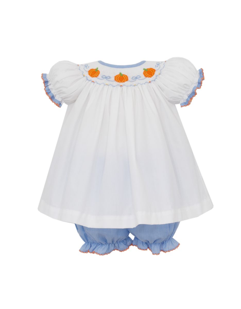 Petit Bebe Girls Blue Bloomers Set - Smocked Orange Pumpkins
