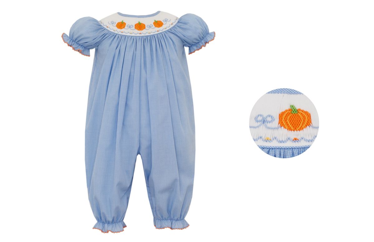 Petit Bebe Baby Girls Blue Check Smocked Pumpkins Romper by Petit Bebe