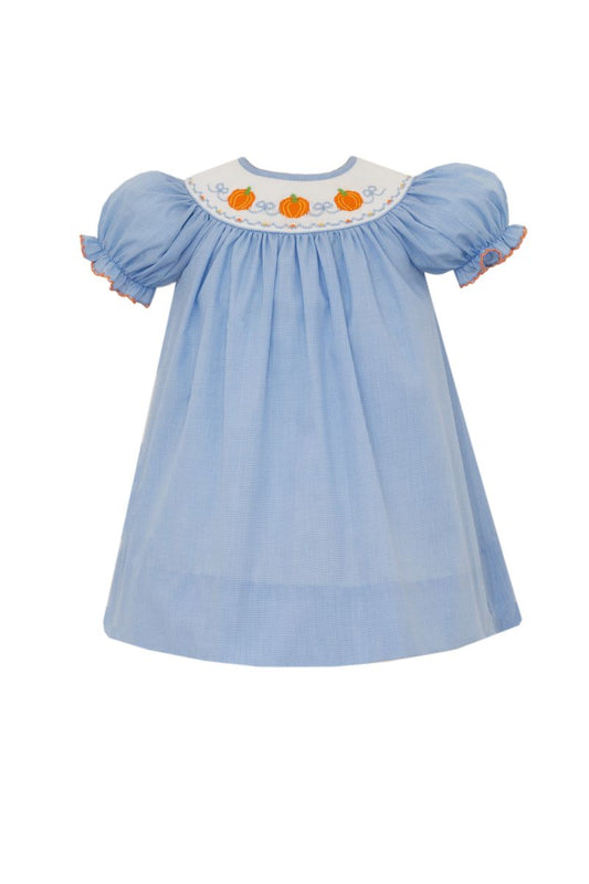 Petit Bebe Girls Blue Check Smocked Pumpkins Bishop Dress by Petit Bebe