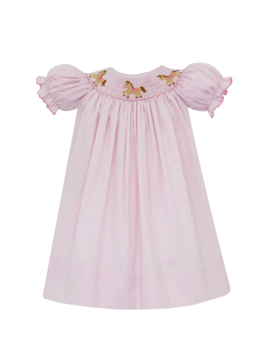 Petit Bebe Girls Pink Gingham Smocked Horses Bishop Dress