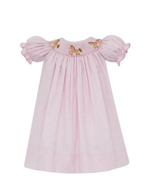 Petit Bebe Girls Pink Gingham Smocked Horses Bishop Dress by Petit Bebe