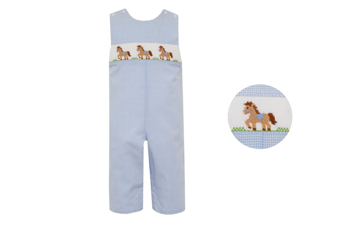 Petit Bebe Boys Blue Gingham Smocked Horses Longall by Petit Bebe