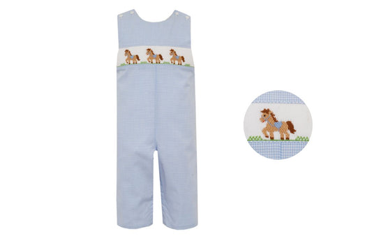 Petit Bebe Boys Blue Gingham Smocked Horses Longall by Petit Bebe