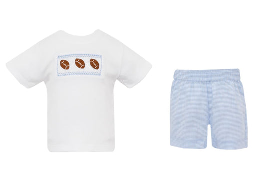 Petit Bebe Toddler Boys Blue Gingham Shorts with Smocked Footballs Shirt by Petit Bebe