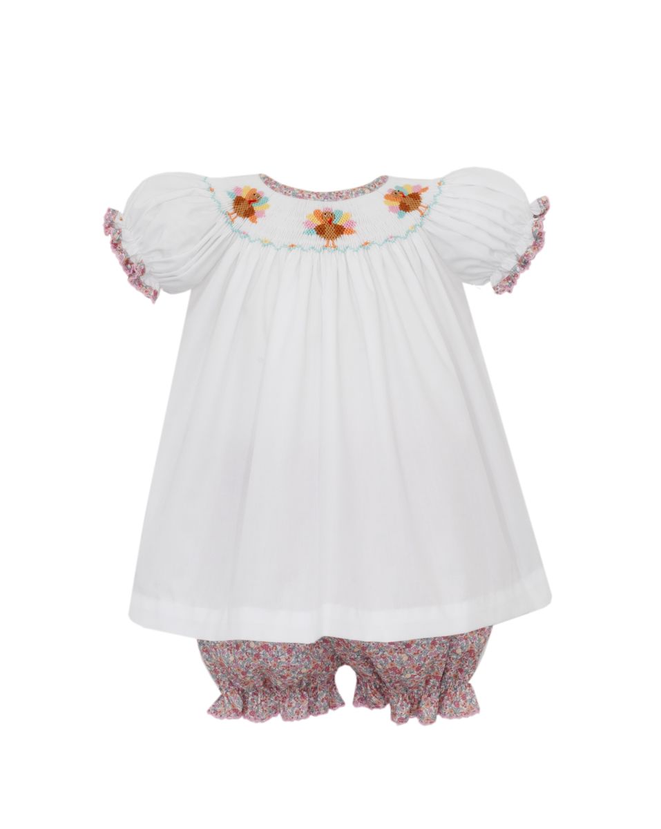 Petit Bebe Girls Pink Floral Bloomers Set with White Smocked Turkeys Top