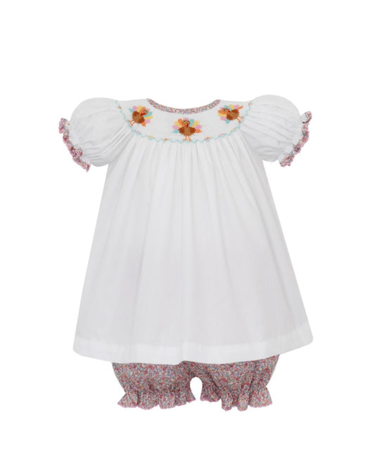 Petit Bebe Girls Pink Floral Bloomers Set with White Smocked Turkeys Top