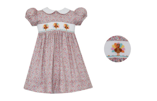Petit Bebe Girls Pink Floral Smocked Turkeys Dress - White Collar by Petit Bebe
