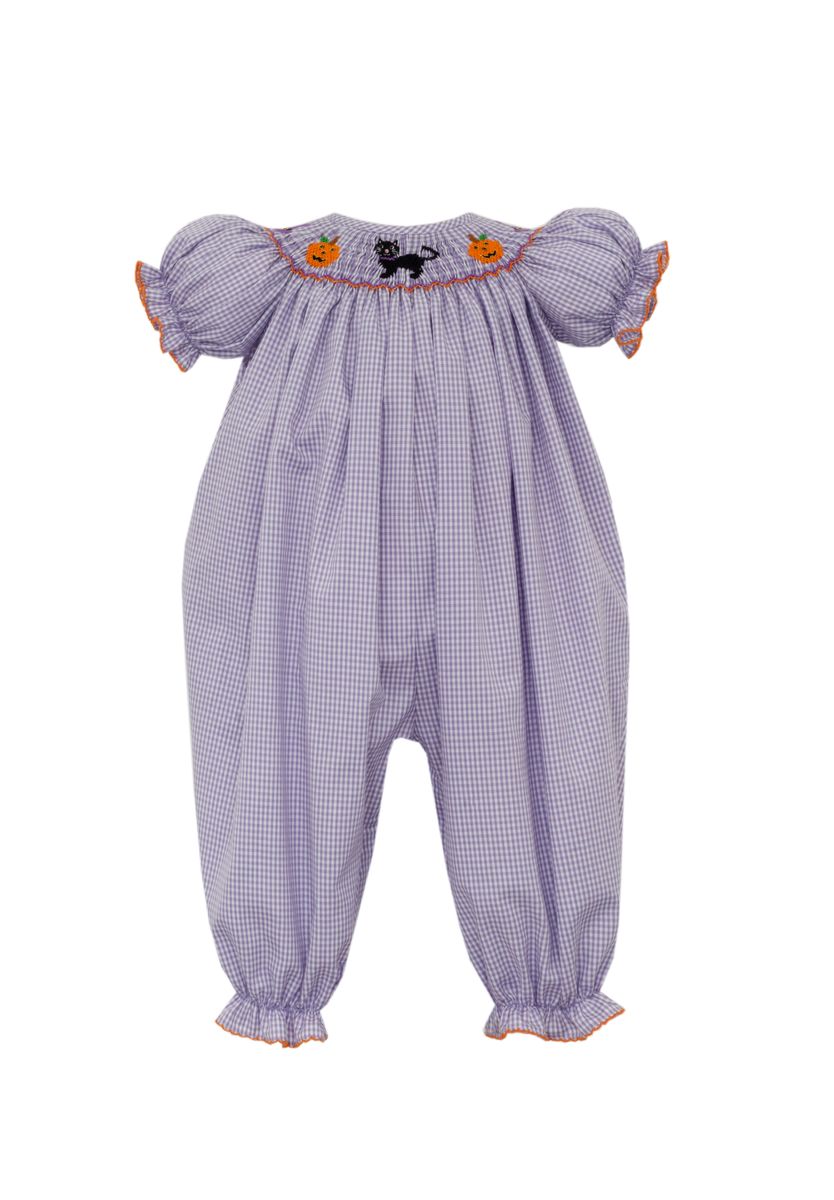 Petit Bebe Baby Girls Purple Gingham Smocked Halloween Cat & Pumpkins Romper by Petit Bebe