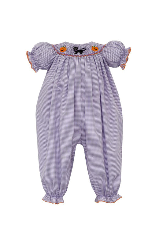 Petit Bebe Baby Girls Purple Gingham Smocked Halloween Cat & Pumpkins Romper by Petit Bebe