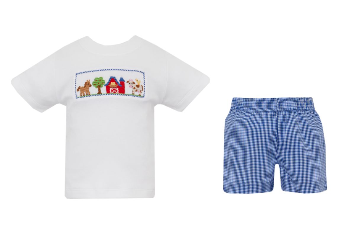 Petit Bebe Toddler Boys Royal Blue Gingham Shorts with Smocked Farm Shirt