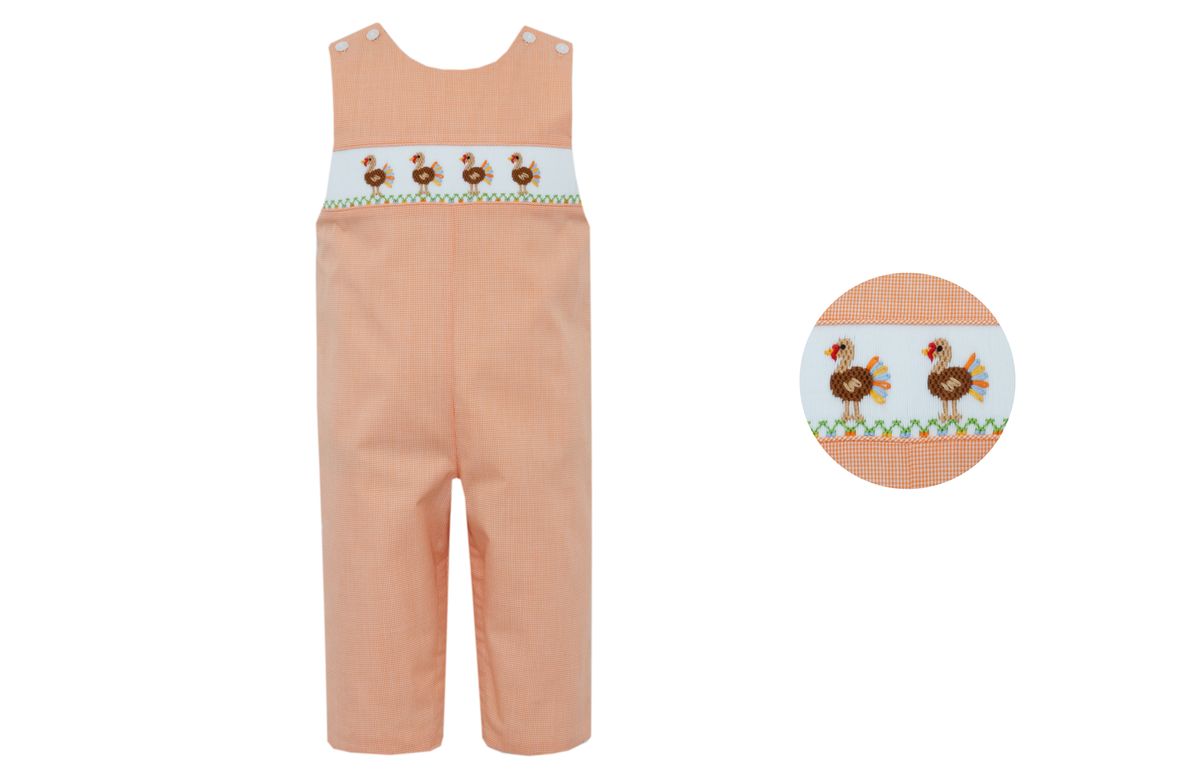 Petit Bebe Boys Orange Check Smocked Thanksgiving Turkeys Longall