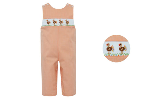 Petit Bebe Boys Orange Check Smocked Thanksgiving Turkeys Longall