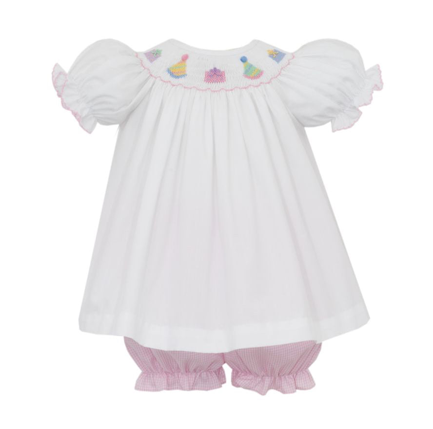 Petit Bebe Pink Gingham Birthday Girl Bloomer Set with White Top