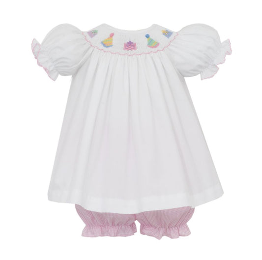 Petit Bebe Pink Gingham Birthday Girl Bloomer Set with White Top by Petit Bebe