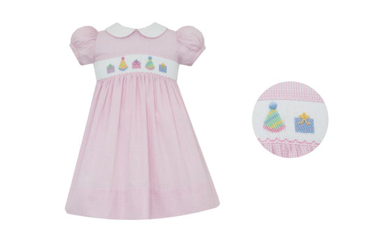 Petit Bebe Girls Pink Gingham Smocked Birthday Dress by Petit Bebe