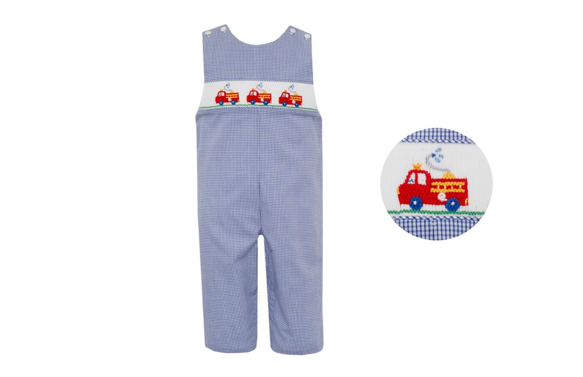 Petit Bebe Boys Navy Blue Check Smocked Firetrucks Longall