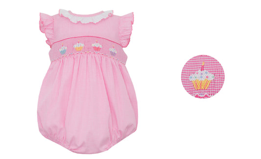 Petit Bebe Girls Pink Check Sleeveless Bubble - Cup Cakes by Petit Bebe