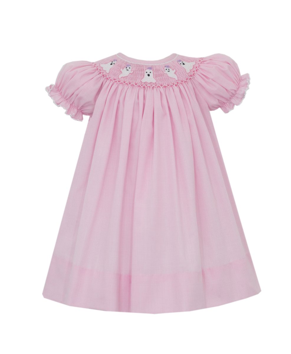 Petit Bebe Girls Pink Check Smocked Halloween Ghosts Bishop Dress