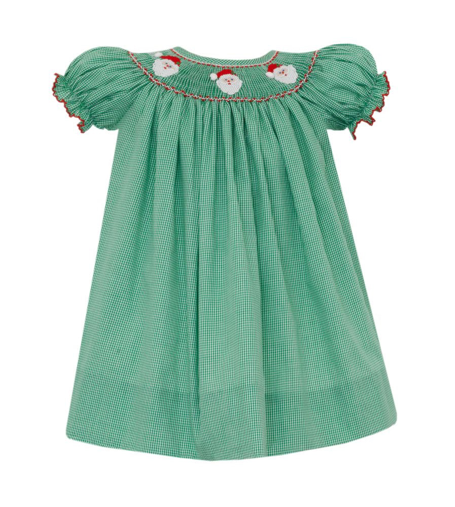 Petit Bebe Girls Green Gingham Bishop Dress Smocked Santa