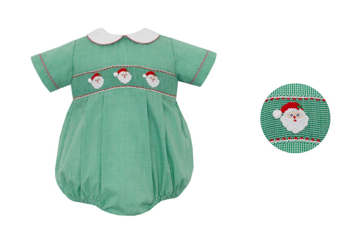 Petit Bebe Boys Green Gingham Bubble Smocked Santa