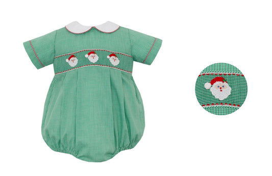 Petit Bebe Boys Green Gingham Bubble Smocked Santa
