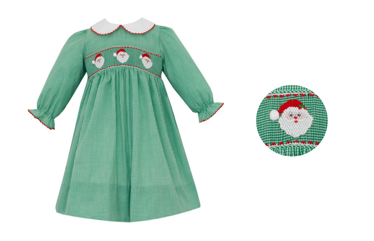 Petit Bebe Girls Green Gingham Smocked Santa Dress Long Sleeved