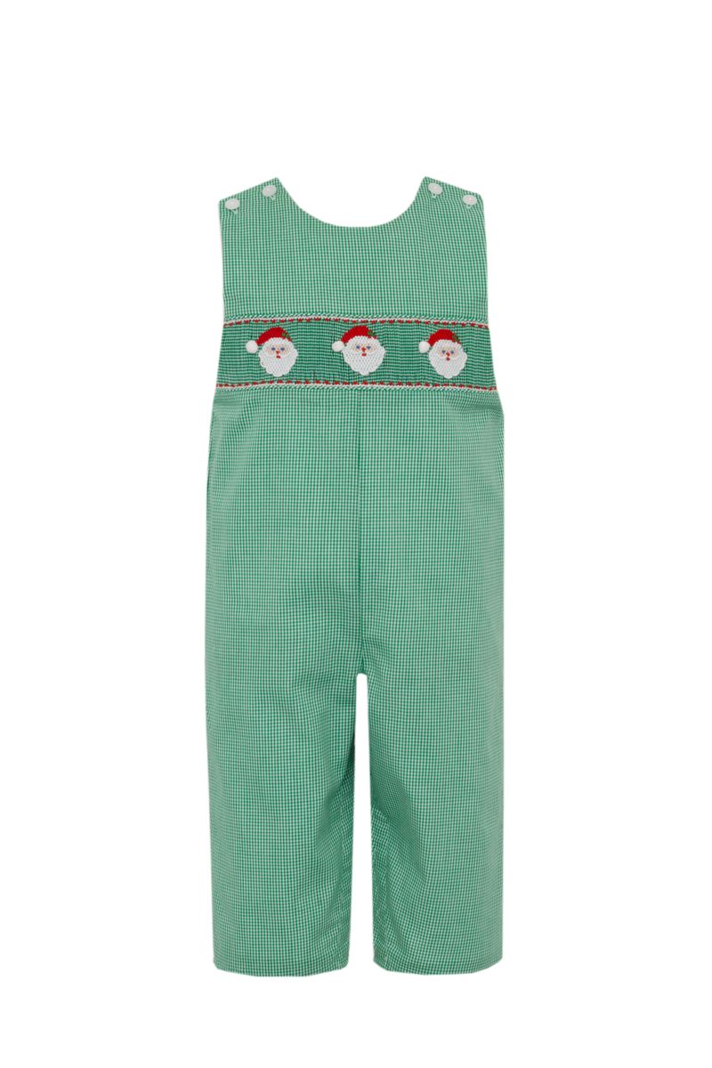 Petit Bebe Boys Green Gingham Smocked Santa Faces Longall