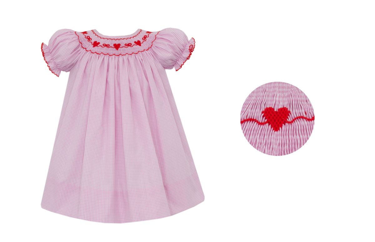Petit Bebe Girls Pink Gingham Smocked Valentines Hearts Bishop Dress - Short Sleeves
