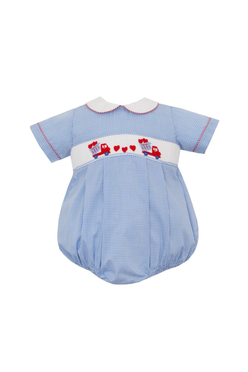 Petit Bebe Baby Boys Blue Gingham Smocked Valentine Hearts Dump Truck Bubble