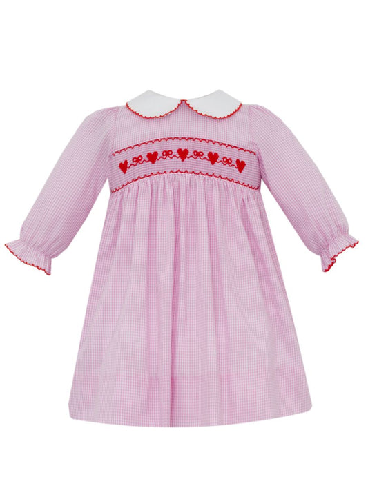 Petit Bebe Girls Pink Gingham Smocked Valentines Hearts Dress with Collar - Long Sleeves