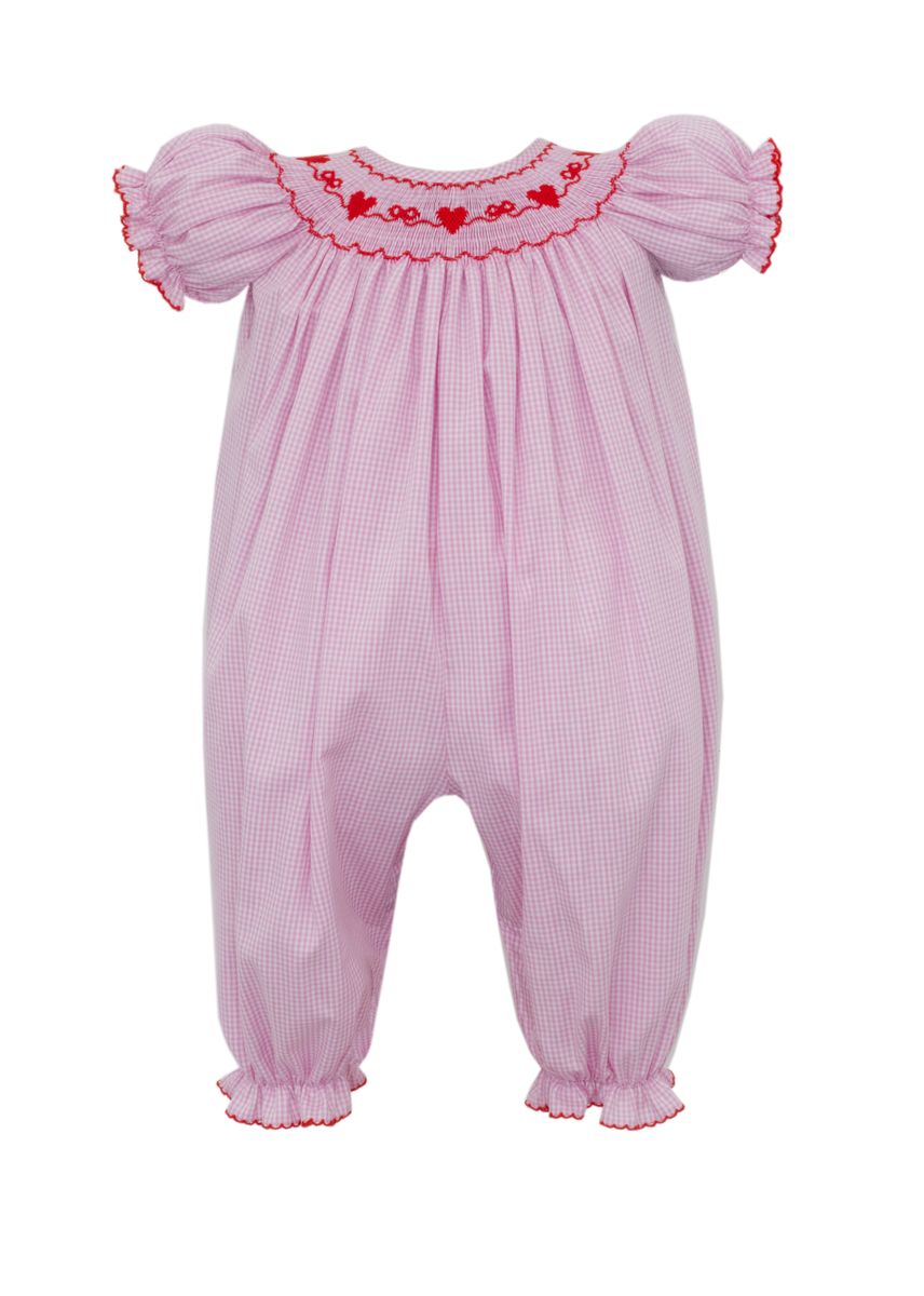 Petit Bebe Baby Girls Pink Gingham Smocked Valentines Hearts Romper by Petit Bebe