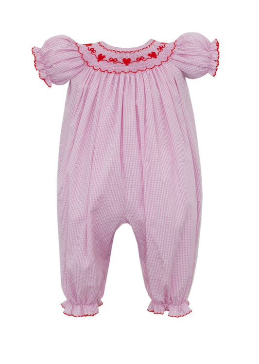 Petit Bebe Baby Girls Pink Gingham Smocked Valentines Hearts Romper by Petit Bebe