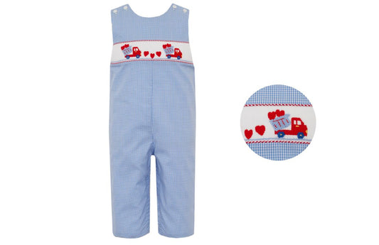 Petit Bebe Boys Blue Gingham Smocked Valentine Heart Dump Truck Longall by Petit Bebe